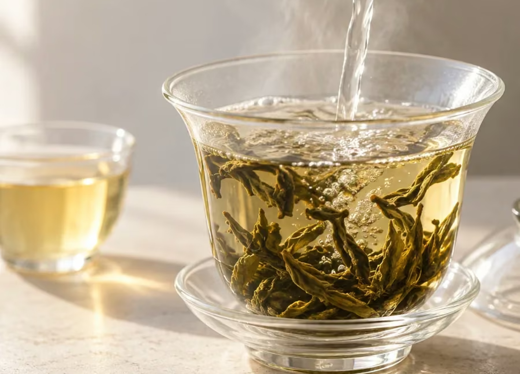 Hot water poured into a clear glass of tea