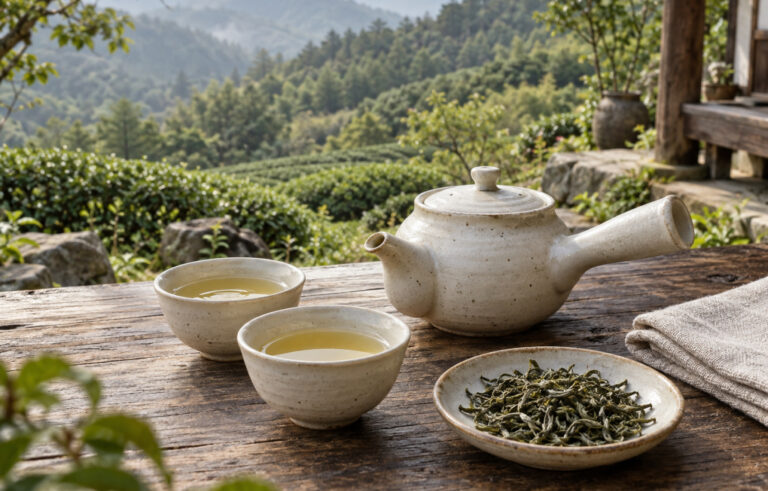 Korean green tea with a pale teapot and cups